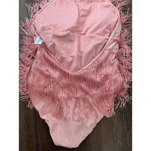 Pink Fringe Halter Bodysuit With Swirl Design Party Dancewear Soft Fabric Adjust - Picture 5 of 9